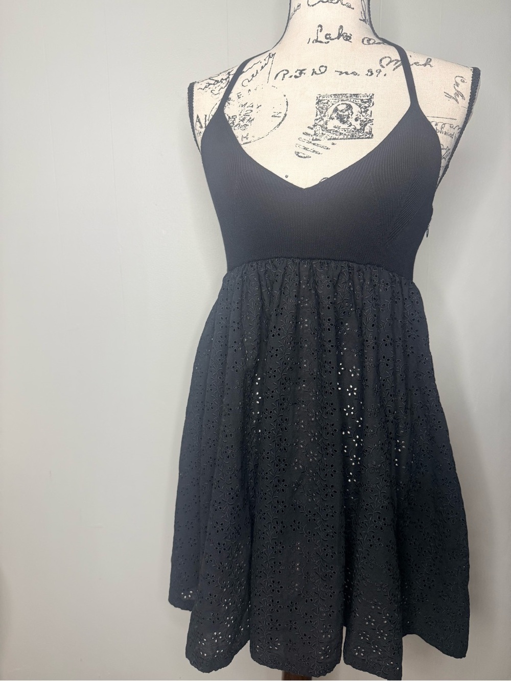 Anthropologie Black Eyelet Mini Dress with Spaghetti Straps